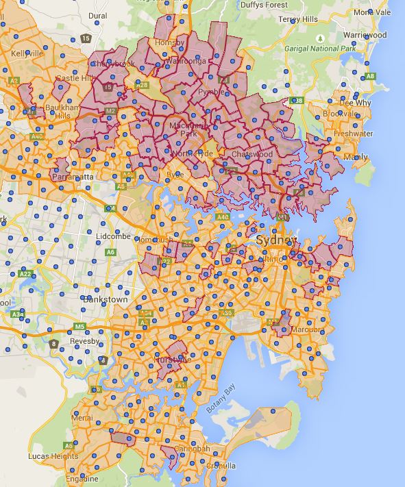 Year 2014 Top 100 Sydney, NSW Public School Catchment Map