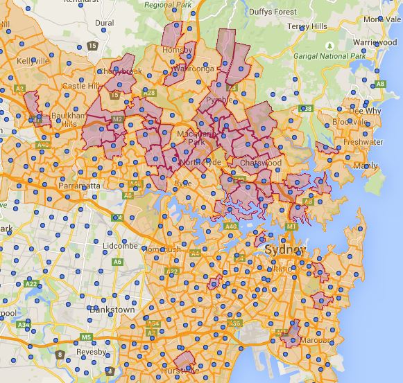 Year 2014 Top 50 NSW Public School Catchment Map