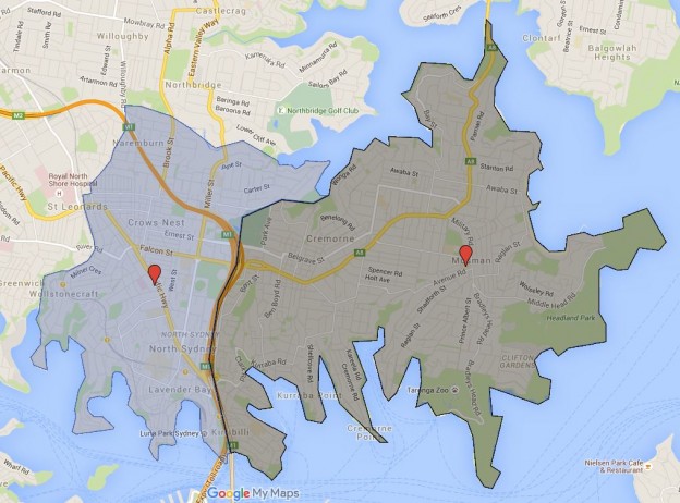 First foray into mapping Sydney High School Catchment Map (Cammeraygal and Mosman High School)