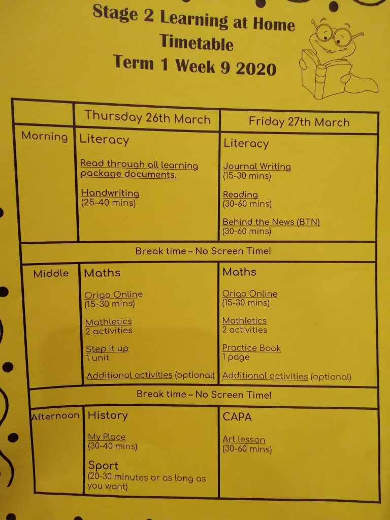 Year Four Online Learning Schedule